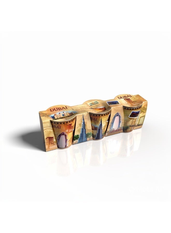 Souvenir Souq Dubai Souvenir Shot Glass Set of 3, Gold Vintage UAE Landmarks Cup with Burj Khalifa Burj Al Arab Atlantis, Gift Box - Image 3