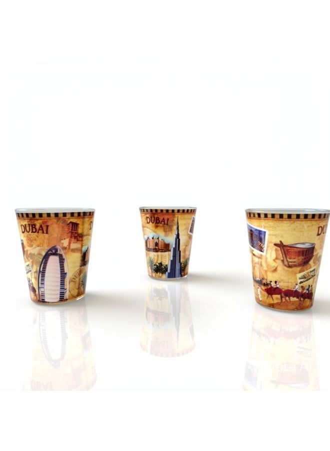 Souvenir Souq Dubai Souvenir Shot Glass Set of 3, Gold Vintage UAE Landmarks Cup with Burj Khalifa Burj Al Arab Atlantis, Gift Box - Image 2