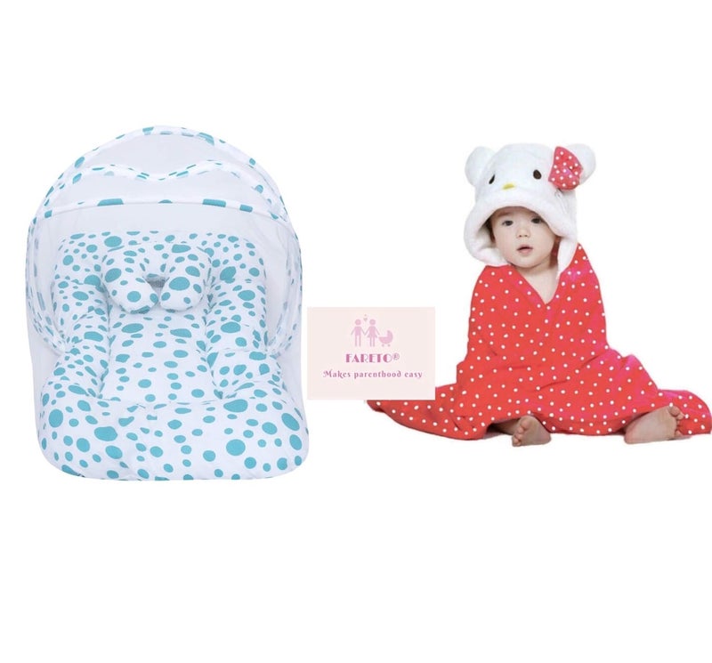 Fareto® New Born Baby Combo of Mattress with Net & Hooded Blanket(0-6Months)(PI: Circle Blue) - Image 1