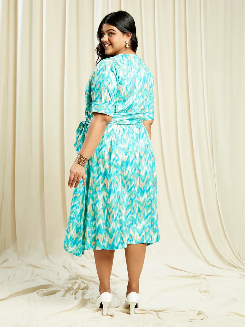 globus Globus Gloplus Women Blue Wrap V-Neck Chevron Print Plus Size A-Line Midi Dress With Belt
