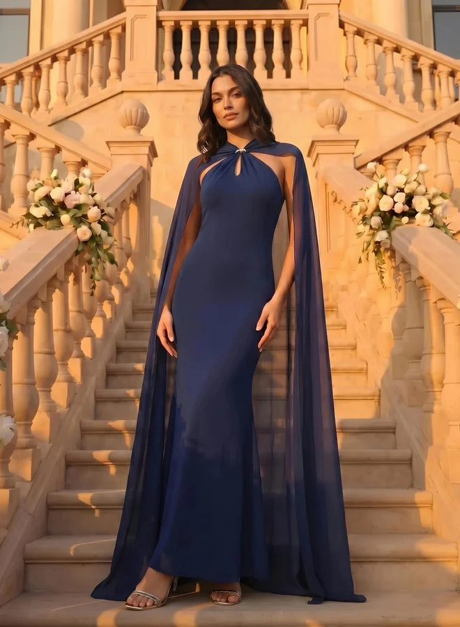 Styli navy blue Navy Blue Soft Drape Cape Maxi Dress for Women | Best Price UAE