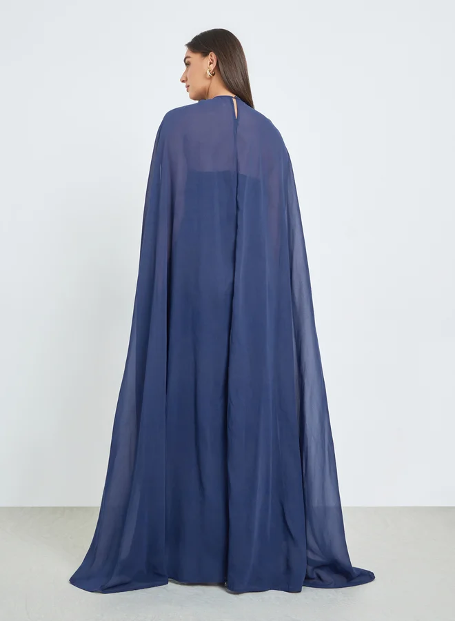 Styli navy blue Navy Blue Soft Drape Cape Maxi Dress for Women | Best Price UAE