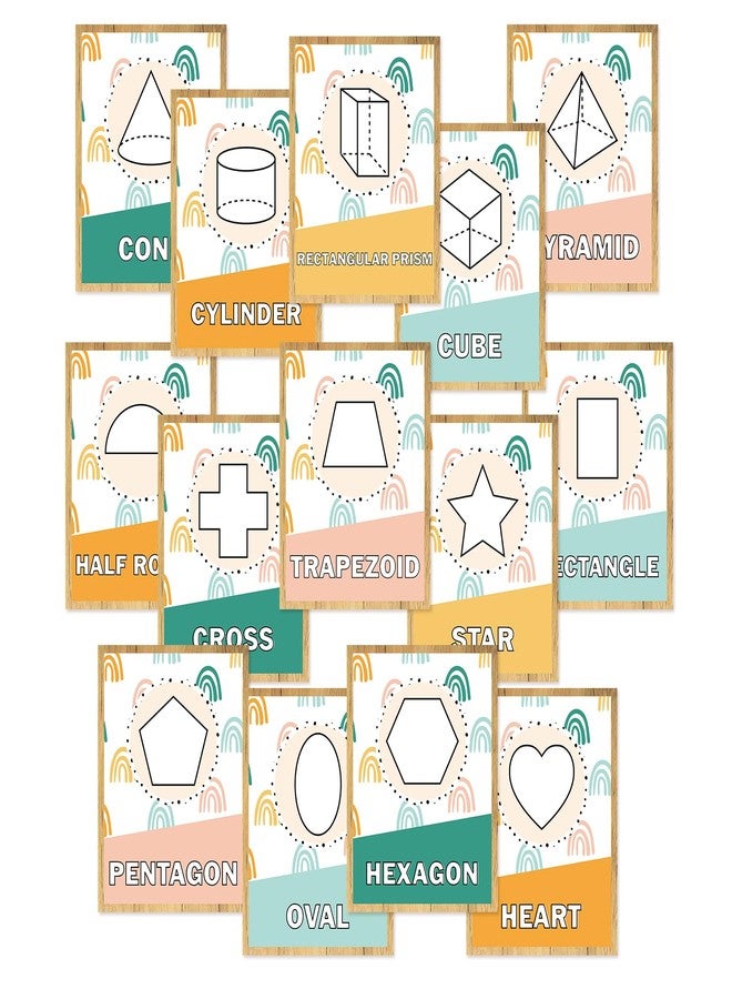 FYSUIMU 14Pcs Boho Rainbow Basic Shapes Early Learning Posters 2D and 3D Classroom Shape Poster Educational Shapes Chart for Preschool Kindergarten Nursery - Image 1
