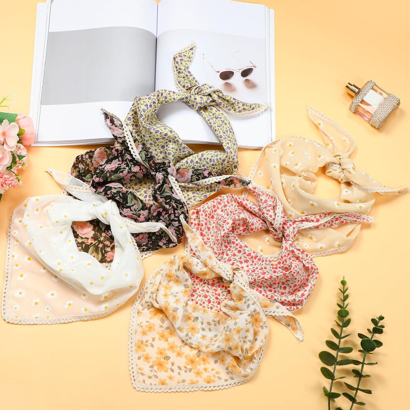 Dingion 6 Pcs Floral Hair Bandanas Head Kerchief Women Bandana Print Chiffon Hair Scarf Triangle Head Kerchief with Ties(Fresh Color) - Image 3