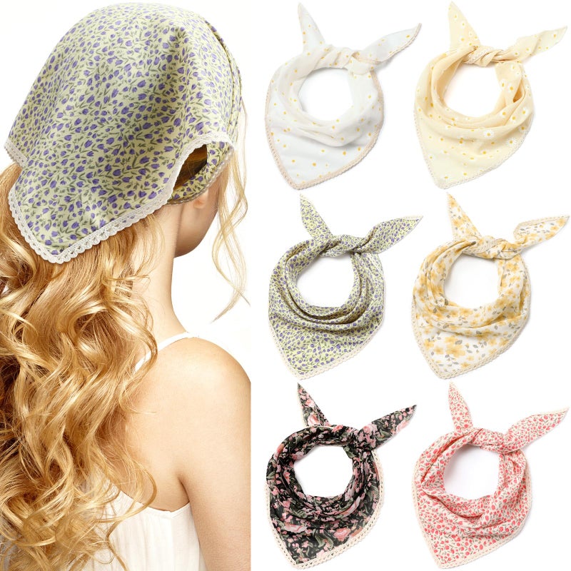 Dingion 6 Pcs Floral Hair Bandanas Head Kerchief Women Bandana Print Chiffon Hair Scarf Triangle Head Kerchief with Ties(Fresh Color) - Image 1