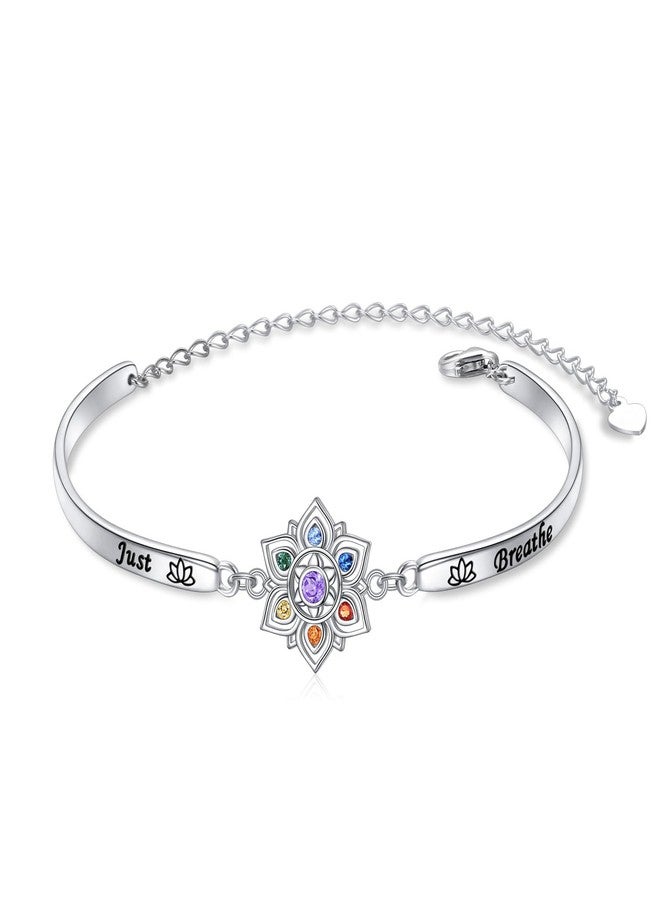 Flyow 7 Chakra Bracelet 925 Sterling Silver Just Breathe Lotus Flower Rainbow Stones Yoga Chakra Energy Balance Bangle Bracelet Jewelry Christmas Gifts for Women Spiritual Healing - Image 1