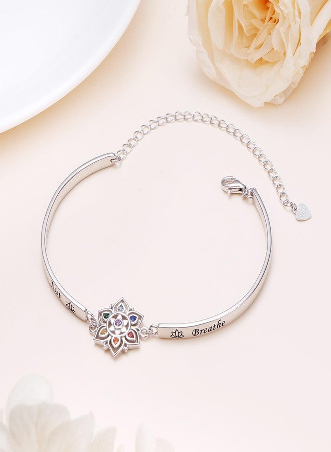 Flyow 7 Chakra Bracelet 925 Sterling Silver Just Breathe Lotus Flower Rainbow Stones Yoga Chakra Energy Balance Bangle Bracelet Jewelry Christmas Gifts for Women Spiritual Healing - Image 5
