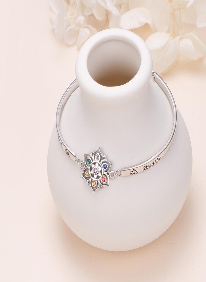 Flyow 7 Chakra Bracelet 925 Sterling Silver Just Breathe Lotus Flower Rainbow Stones Yoga Chakra Energy Balance Bangle Bracelet Jewelry Christmas Gifts for Women Spiritual Healing - Image 2