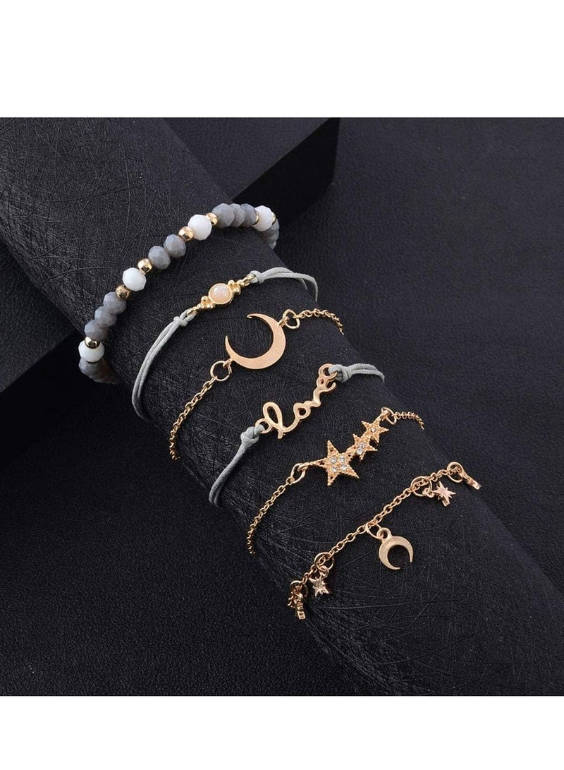 إسكدنيا سوار حبل القمر والنجمة من الذهب البوهيمي مع حلية قلب من اللؤلؤ، مجوهرات نسائية - Image 1