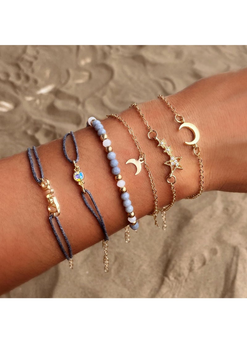 إسكدنيا سوار حبل القمر والنجمة من الذهب البوهيمي مع حلية قلب من اللؤلؤ، مجوهرات نسائية - Image 2