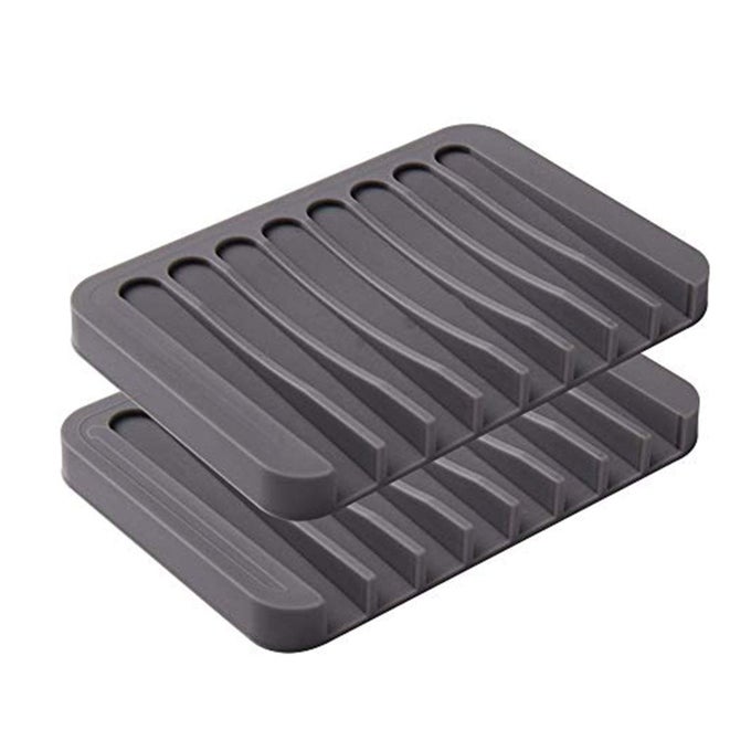 2PCS SOAP DISH HOLDER PREMIUM SILICONE SOAP DISHES FOR SHOWER BATHROOM KITCHEN SINKS SOAP TRAY SAVER DRAINER SELFDRAINING WATERFALL NONSLIP DESIGN EASY CLEANING GRAY