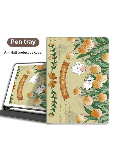 Ipad2022 For Apple Tablet Case For Ipad9 Generation 10.2 Inch Full Package Air1/2 Silicone Pro2021-Color:Book Pen Slot Tulip Rabbit-Applicable Model:iPad Pro 2018 (12.9-inch)