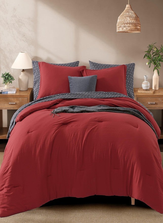 Monbix Queen Comforter Set - 7 Pieces Bright Red Prewashed Bed in a Bag Queen Bedding Sets with Comforters, All Seasons Down Alternative Comforter Bed Set with Sheets, Pillowcases & Shams - Image 1