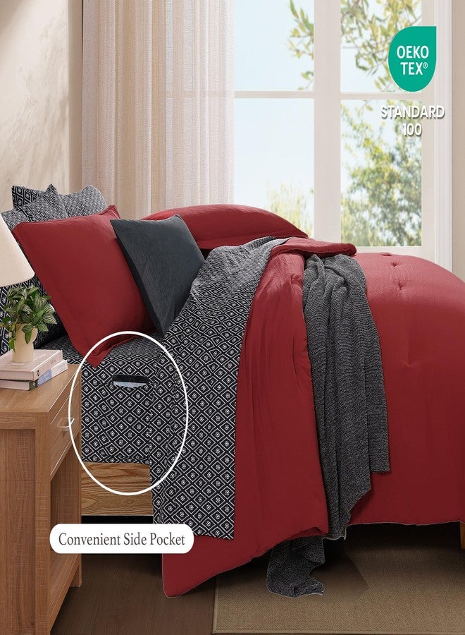 Monbix Queen Comforter Set - 7 Pieces Bright Red Prewashed Bed in a Bag Queen Bedding Sets with Comforters, All Seasons Down Alternative Comforter Bed Set with Sheets, Pillowcases & Shams - Image 3