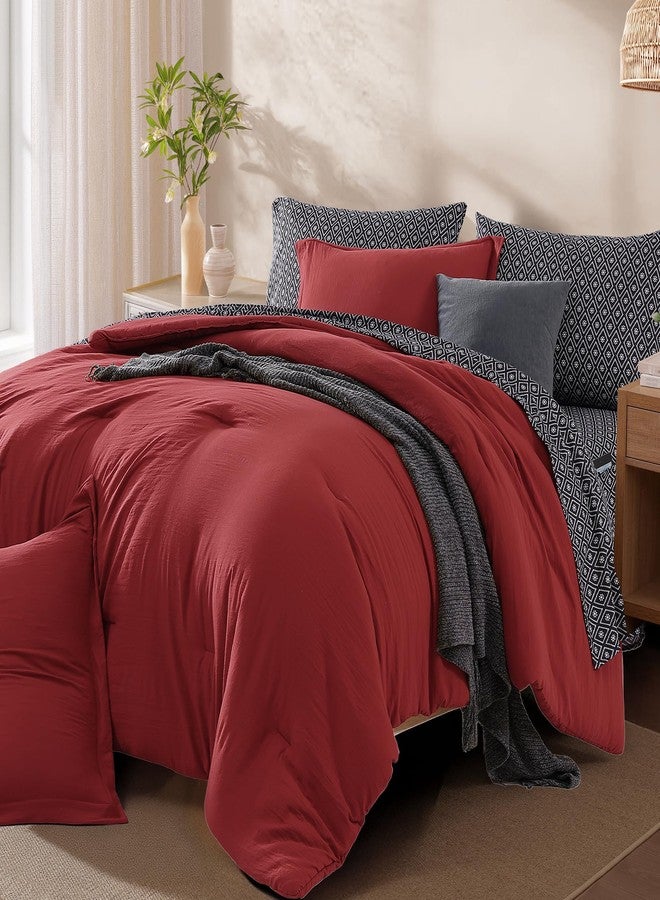 Monbix Queen Comforter Set - 7 Pieces Bright Red Prewashed Bed in a Bag Queen Bedding Sets with Comforters, All Seasons Down Alternative Comforter Bed Set with Sheets, Pillowcases & Shams - Image 2