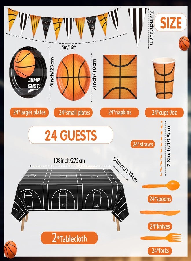 FillTouch مجموعة فيل تاتش المكونة من 195 قطعة من لوازم حفلات كرة السلة، تشمل مفارش طاولات ورقية، وأطباق ورقية، وأكواب، ومناديل، وشوك بلاستيكية، وسكاكين، وملاعق، ولافتة، تكفي لـ 24 ضيفًا، زينة حفلات أعياد الميلاد الرياضية. - Image 2