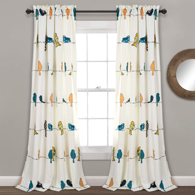 Lush Decor Rowley Birds Light Filtering Window Curtain Panels Pair 52 W x 84 L Multi  Colorful Floral Print  Whimsical  Playful Bird Curtains For Bedroom Living Room Or Dining Room