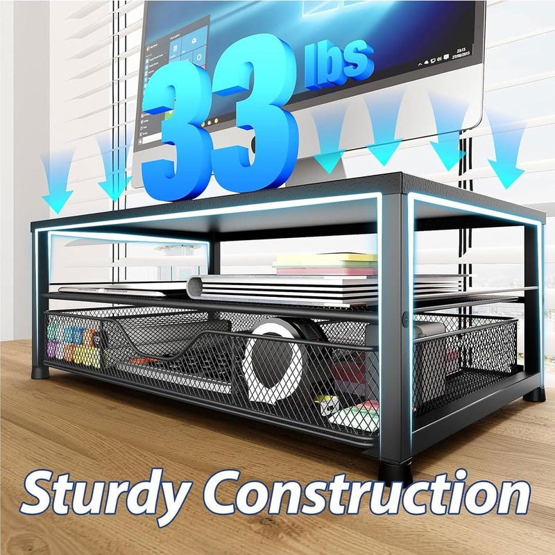 ROUNY Desk Organizer and Accessories, 2-Tier Computer Monitor Stand Riser with Metal Drawer and 2 Pen Holders Storage, Office Desk Accessories for Office Supplies,Save Space, Black - Image 5