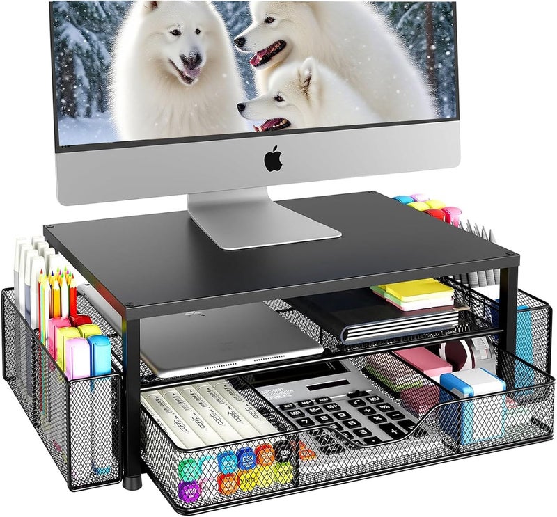 ROUNY Desk Organizer and Accessories, 2-Tier Computer Monitor Stand Riser with Metal Drawer and 2 Pen Holders Storage, Office Desk Accessories for Office Supplies,Save Space, Black - Image 1