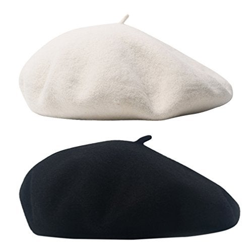 AIYUE Women Men French Beret Wool Warm Beanie Hat Solid Color Artist Painter Fancy Dress Costumes Black/Whtei - Image 1