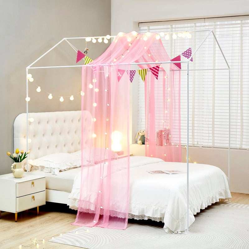 Mengersi House Bed Canopy Bed Curtains with Lights,Montessori Floor Bed Canopy for Girls Boys,Four Poster Bed Curtains House Bed Decoration (Twin/Twin XL, Pink) - Image 3