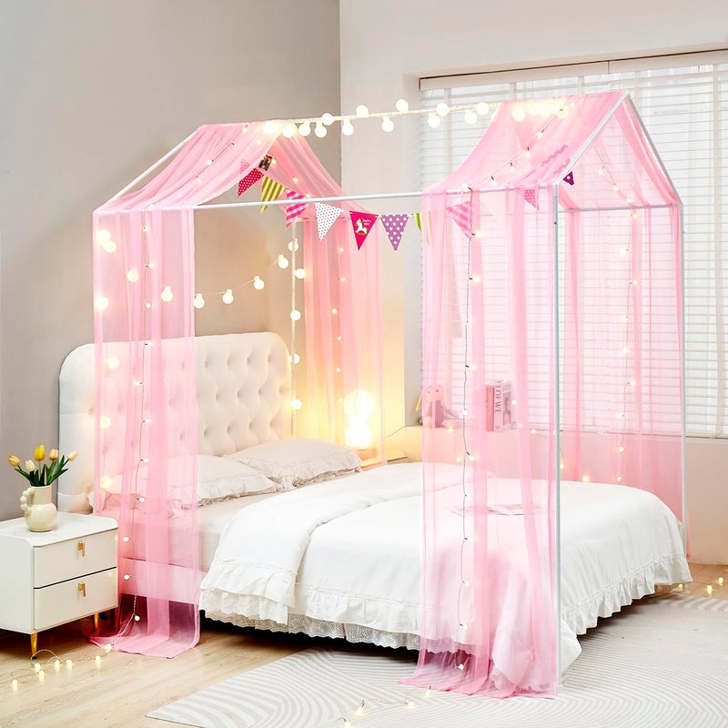 Mengersi House Bed Canopy Bed Curtains with Lights,Montessori Floor Bed Canopy for Girls Boys,Four Poster Bed Curtains House Bed Decoration (Twin/Twin XL, Pink) - Image 2