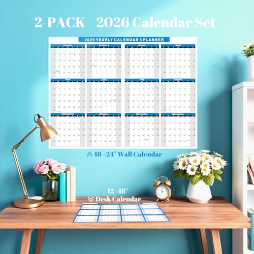 YvnShine 2 Pack 2026 Calendar Set-18x24'' Erasable Laminated Wall Calendar with 12x18“ Cardstock Desk Calendar, 2 Sided Vertical / Horizontal Reversible, Yearly Grid Format Calendar for School, Home, Office (Blue) - Image 2