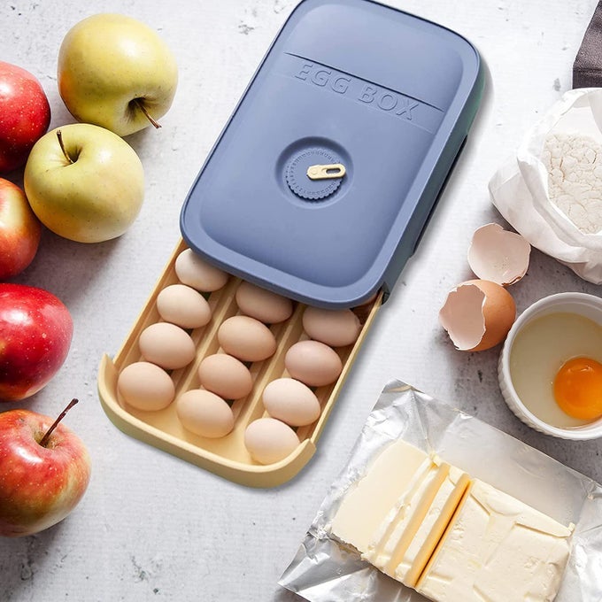 DRAWER TYPE EGG STORAGE BOX EGG CONTAINERAUTO SCROLLING EGG STORAGE HOLDER ENVIRONMENTAL PROTECTIONFOR STORING EGGS IN CUPBOARDS AND FRIDGECAN HOLD TO 1821 EGGSBLUE