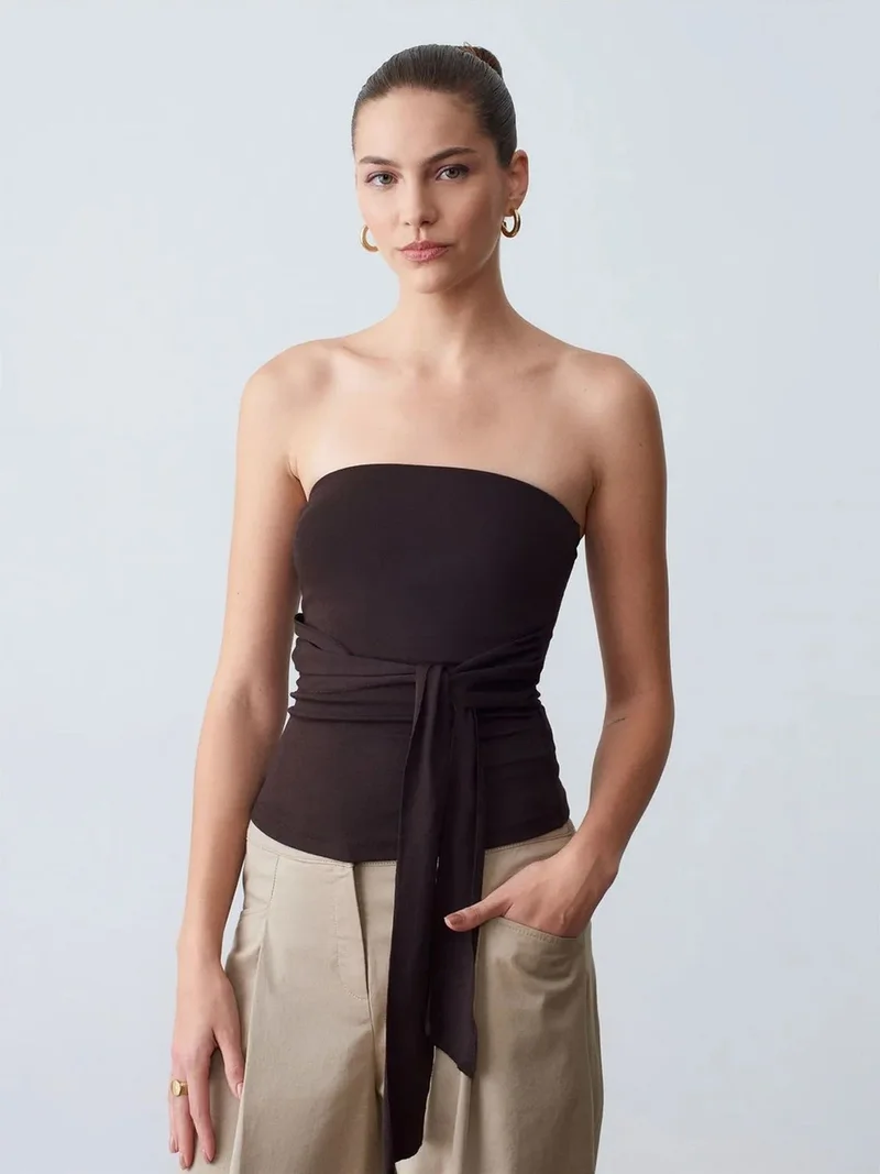 Dilvin Dilvin Strapless Slim-Fit Jersey Blouse With Tie Detail
