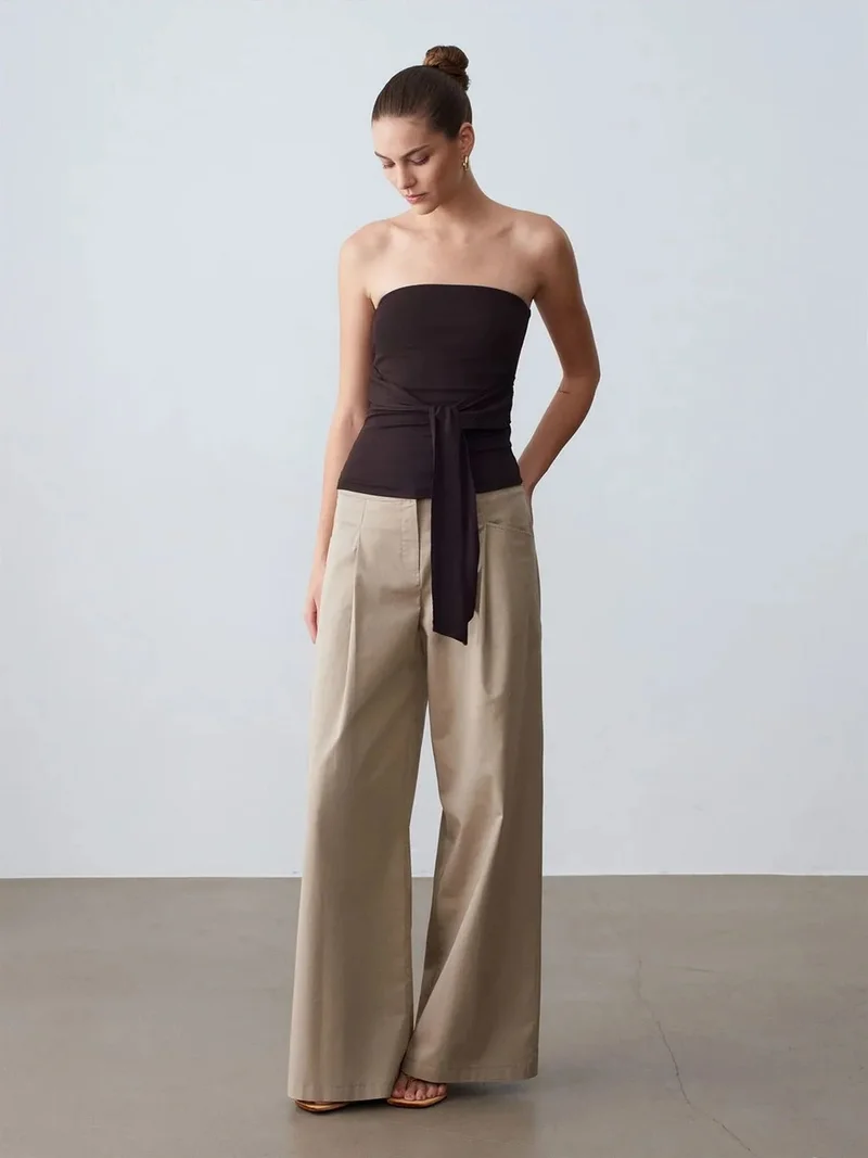 ديلفين Dilvin Strapless Slim-Fit Jersey Blouse With Tie Detail