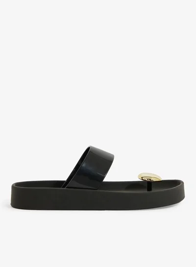 فويسيز صنادل نسائية بحزام واحد بنعل مانع للانزلاق من الحجر الأملس - أسود