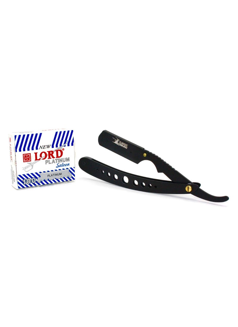 Classic Samurai - New Ergonomic Design Stainless Steel Professional Folding Straight Edge Barber Razor Shavette Manual Shaver with 100 Lord Platinum Single Blades - Image 1