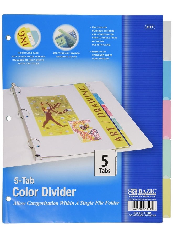 Bazic Products - Bazic Binder Dividers W/ 5 Insertable Color Tabs 11 Hole Punch Plastic Index Divider With Tab For 3 Ring Binders (5/Pack) 1Pack - Image 1