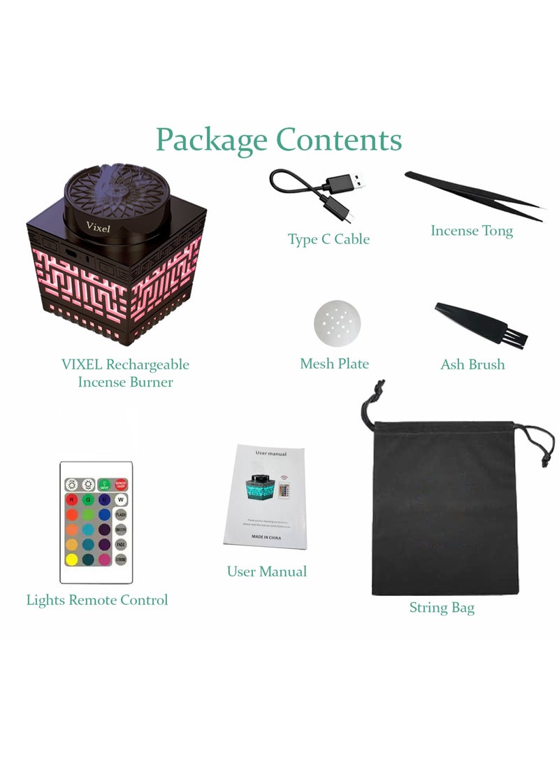 VIXEL Rechargeable Incense Burner with 16 Colorful Lights Remote Control and Auto-Stop Portable Bukhoor Burner for Home and Car - Image 2