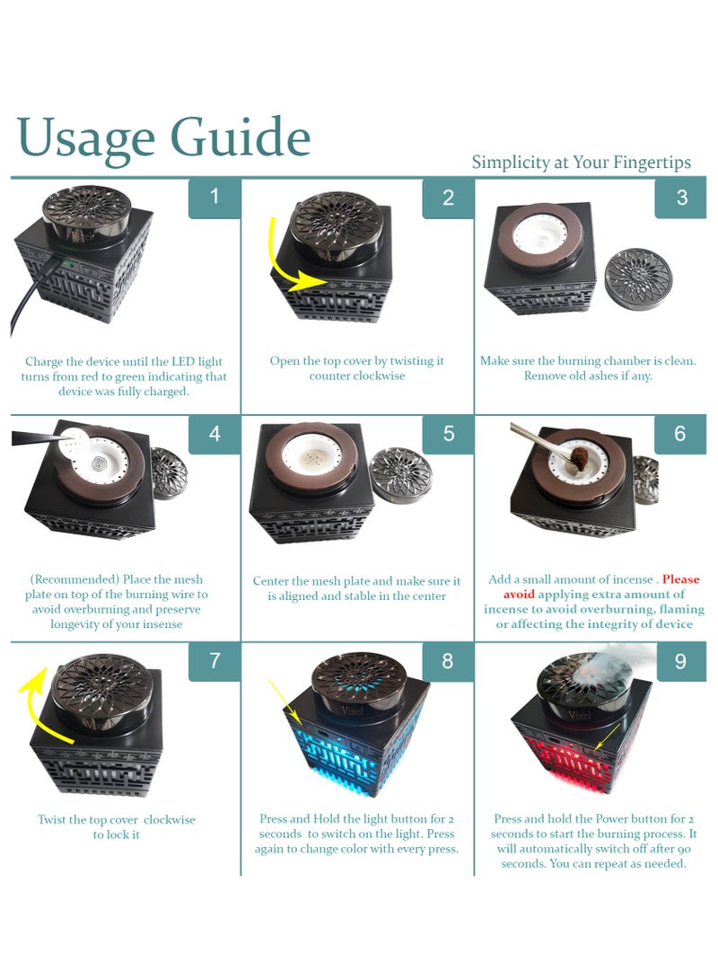 VIXEL Rechargeable Incense Burner with 16 Colorful Lights Remote Control and Auto-Stop Portable Bukhoor Burner for Home and Car - Image 5