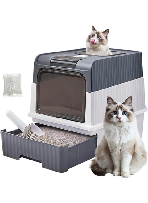 Cat Litter Box with Scoop, Foldable Closed Large Cat Litter Box with Lid, Easy to Clean Oversized Anti-Splash Anti-Leakage Sand Splash-Proof Closed Cat Litter Box