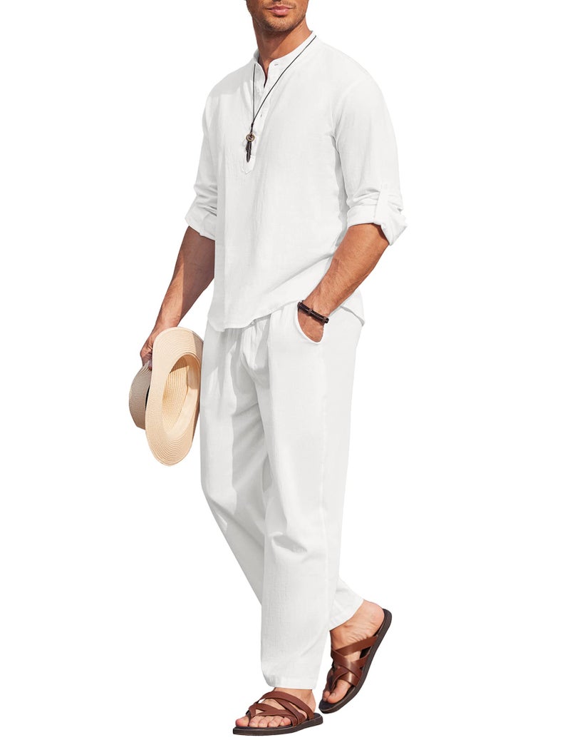 COOFANDY Mens 2 Pieces Cotton Linen Set Long Sleeve Henley Shirts Casual Beach Pants With Pockets Summer Yoga Outfits - Image 2