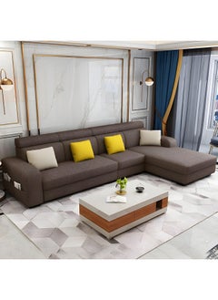 Poppins Home Stylish Retro 4-Seater Sofa with Chaise Lounge  Square Arm Design in Premium Fabric Upholstery (Coffee, LEFT BED)  - Image 1