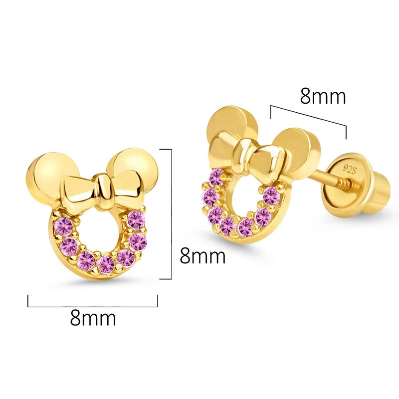 Lovearing 14k Gold Plated Brass Pink Mouse Cubic Zirconia Screwback Earrings with Sterling Silver Post - Image 2