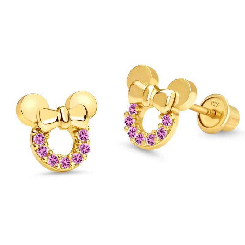 Lovearing 14k Gold Plated Brass Pink Mouse Cubic Zirconia Screwback Earrings with Sterling Silver Post - Image 1