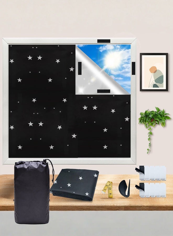 WALALLA Portable Blackout Curtain 300 × 145 cm with 20 Hook & Loop Strips, Cuttable 420D Oxford Fabric Thermal Insulated Blackout Blind, Star Pattern, Black, for Bedroom, Dorm, RV & Travel