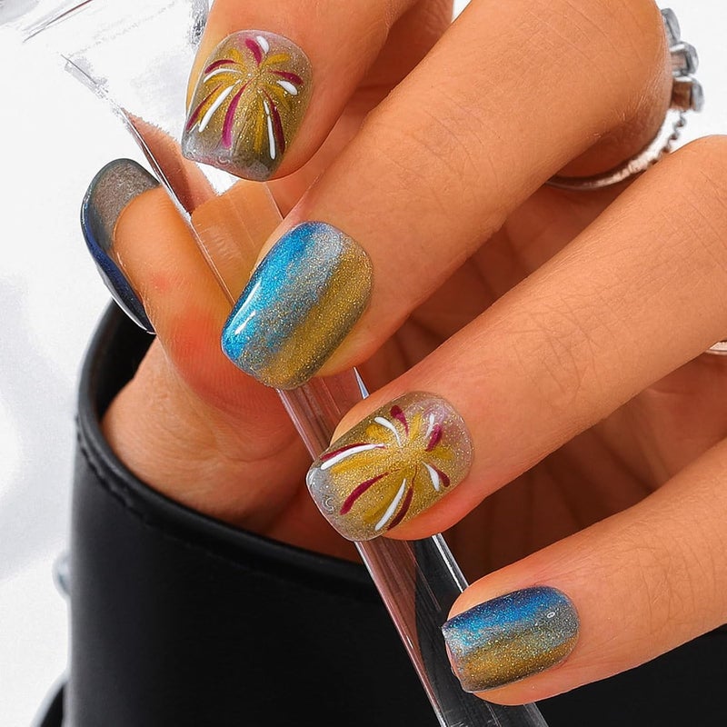 Sethexy Cat Eye Handmade Pressed Nails Short Coffin Hand Painted False Nails with Pattern Acrylic Shiny Salon False Nails for Women and Girls 10PCS (Yellow) - Image 2