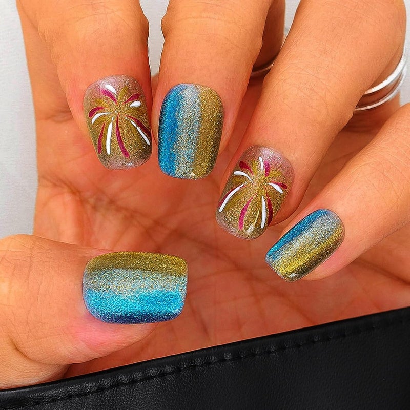 Sethexy Cat Eye Handmade Pressed Nails Short Coffin Hand Painted False Nails with Pattern Acrylic Shiny Salon False Nails for Women and Girls 10PCS (Yellow) - Image 3