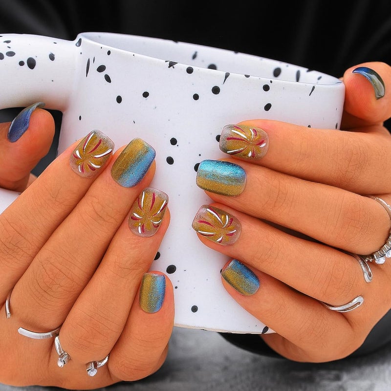 Sethexy Cat Eye Handmade Pressed Nails Short Coffin Hand Painted False Nails with Pattern Acrylic Shiny Salon False Nails for Women and Girls 10PCS (Yellow) - Image 1