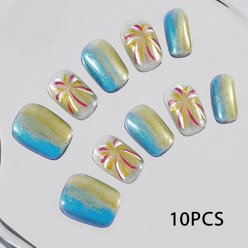 Sethexy Cat Eye Handmade Pressed Nails Short Coffin Hand Painted False Nails with Pattern Acrylic Shiny Salon False Nails for Women and Girls 10PCS (Yellow) - Image 5