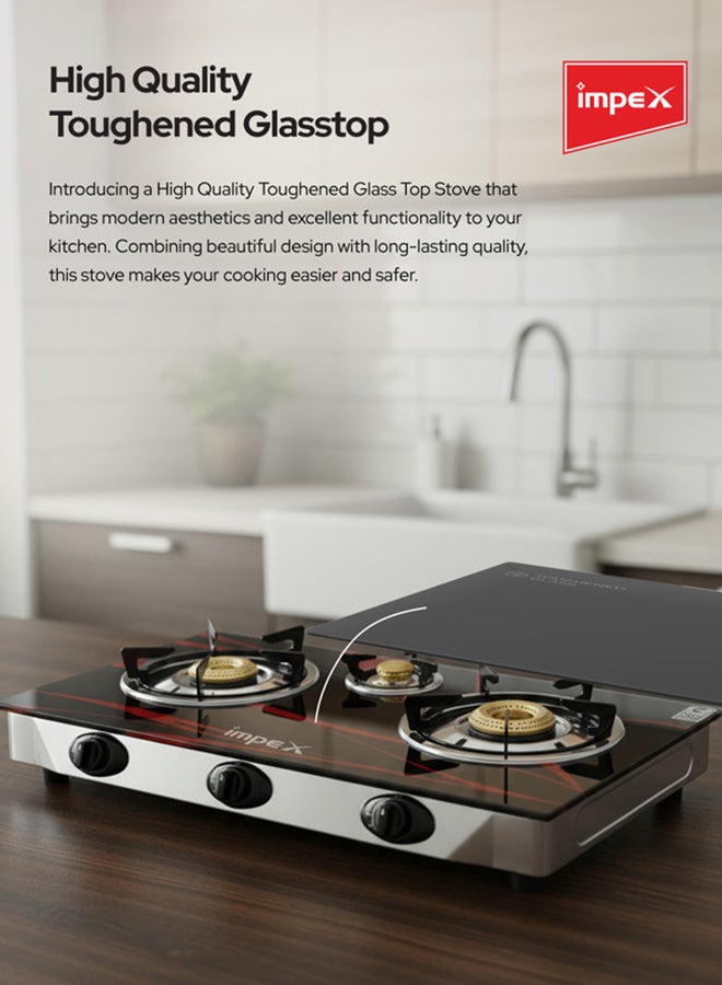 Impex 3 Burner Glass Top Gas Stove with FFD - Quality Pan Support, Brass Burners, Spill Tray, Auto Ignition, Toughened Glass, Flame Failure Device, Blue Flame, Ergonomic Knobs IGS 1213F Black/Red/Silver - Image 3