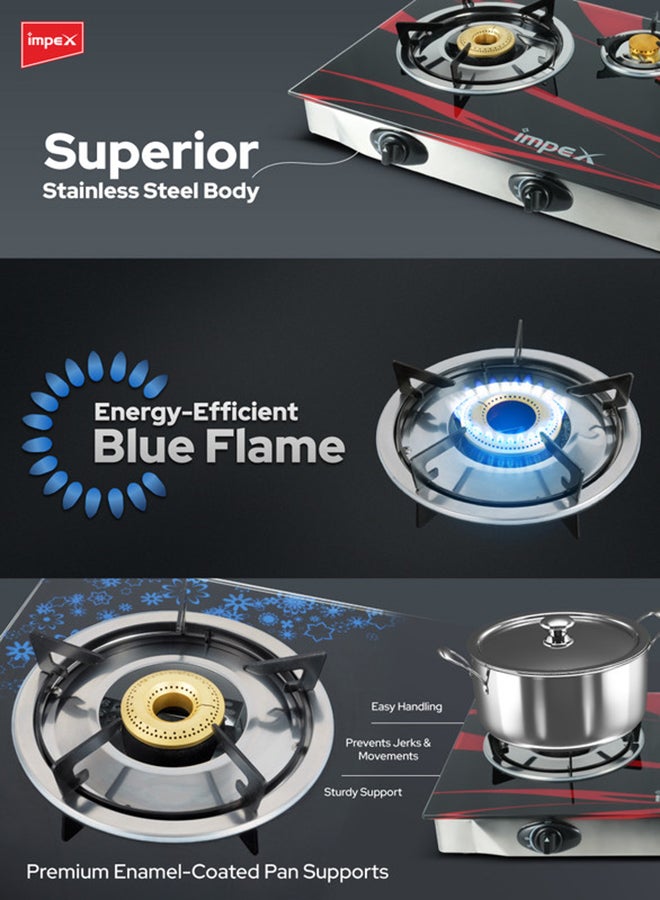 Impex 3 Burner Glass Top Gas Stove with FFD - Quality Pan Support, Brass Burners, Spill Tray, Auto Ignition, Toughened Glass, Flame Failure Device, Blue Flame, Ergonomic Knobs IGS 1213F Black/Red/Silver - Image 4