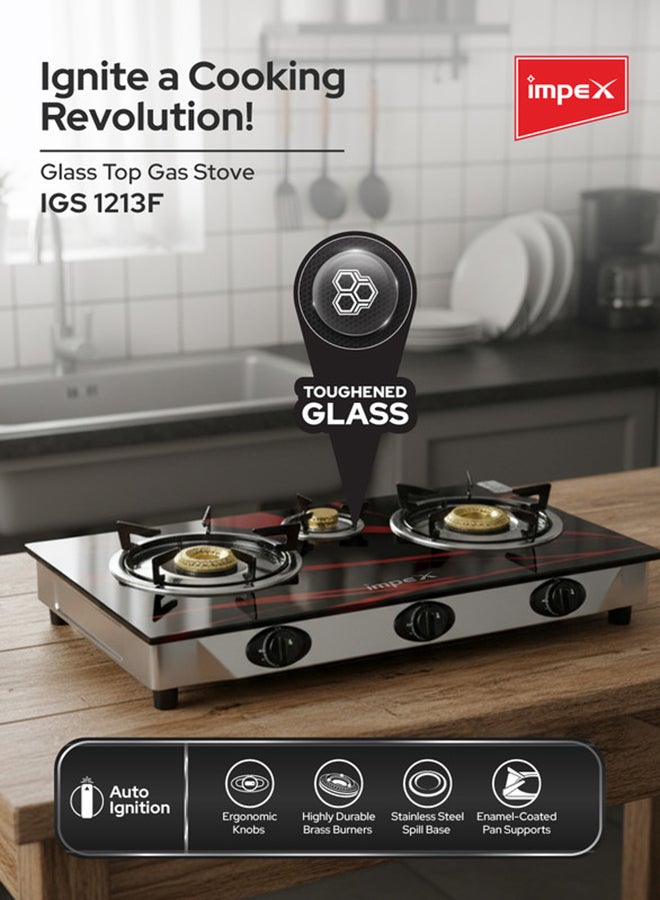 Impex 3 Burner Glass Top Gas Stove with FFD - Quality Pan Support, Brass Burners, Spill Tray, Auto Ignition, Toughened Glass, Flame Failure Device, Blue Flame, Ergonomic Knobs IGS 1213F Black/Red/Silver - Image 2