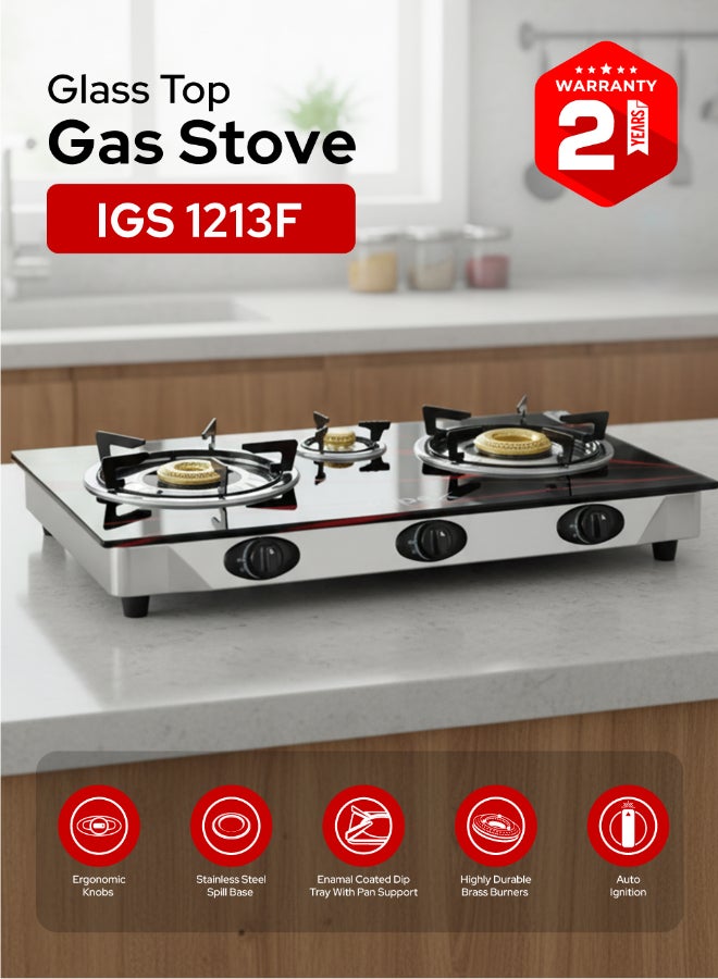 Impex 3 Burner Glass Top Gas Stove with FFD - Quality Pan Support, Brass Burners, Spill Tray, Auto Ignition, Toughened Glass, Flame Failure Device, Blue Flame, Ergonomic Knobs IGS 1213F Black/Red/Silver - Image 1