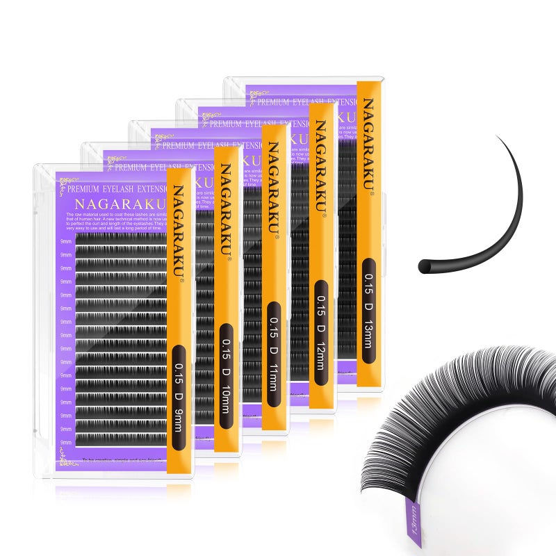 NAGARAKU 5 Trays Eyelash Extensions Individual Lashes 0.15mm D curl 9/10/11/12/13mm in 1 pack Classic Matte Black Natural Professional Faux Mink 16 rows - Image 1